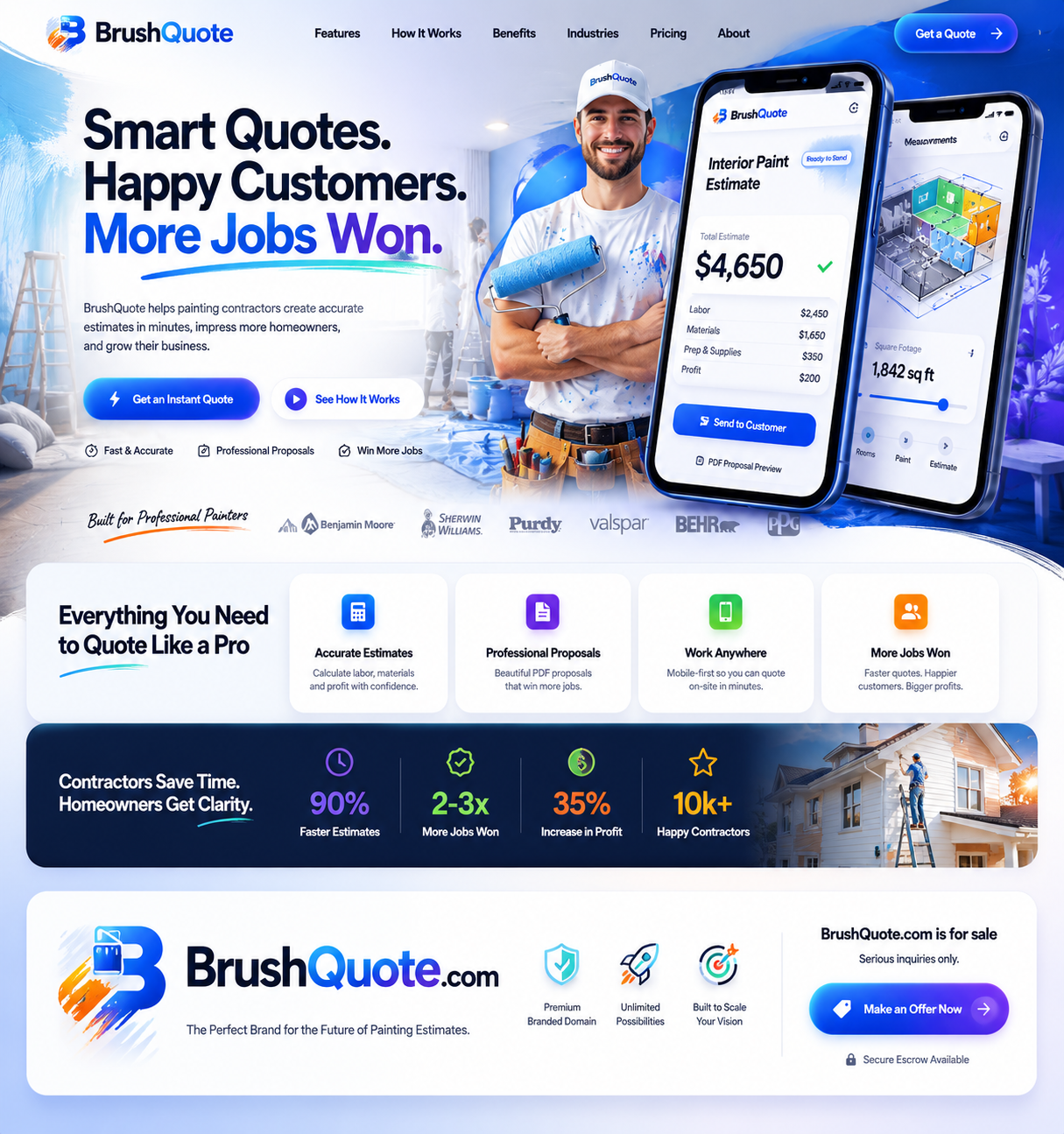 High detail full marketing landing page concept for BrushQuote painting estimate app